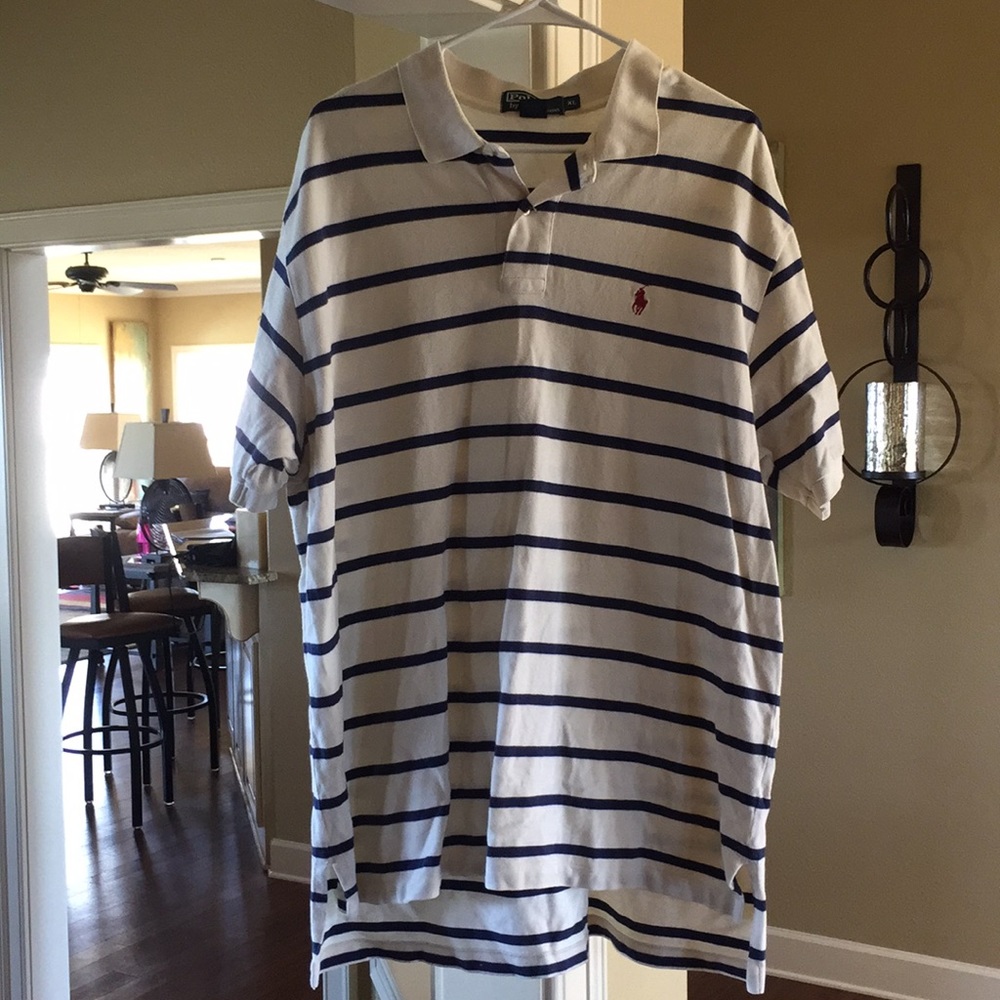 Blue and white striped Polo Ralph Lauren shirt.